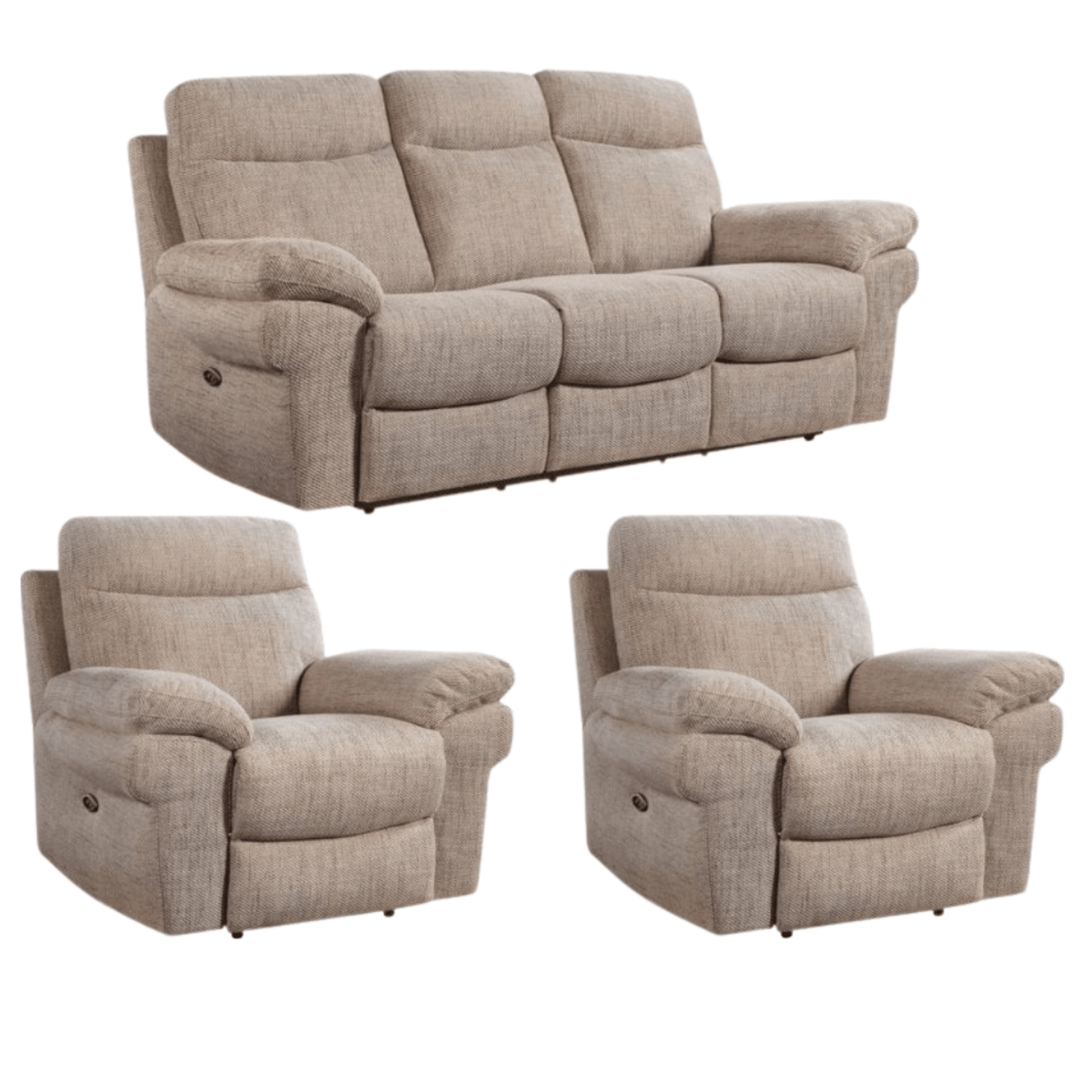 Beige reclining sofa set with two armchairs on a white background