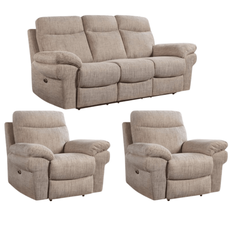 Beige reclining sofa set with two armchairs on a white background