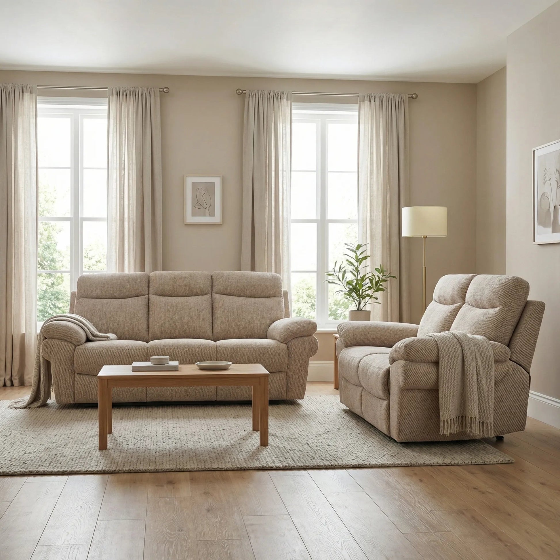 Tanya Beige Fabric Electric Recliner 3+2 Seater Sofa Set - Furniture Instore