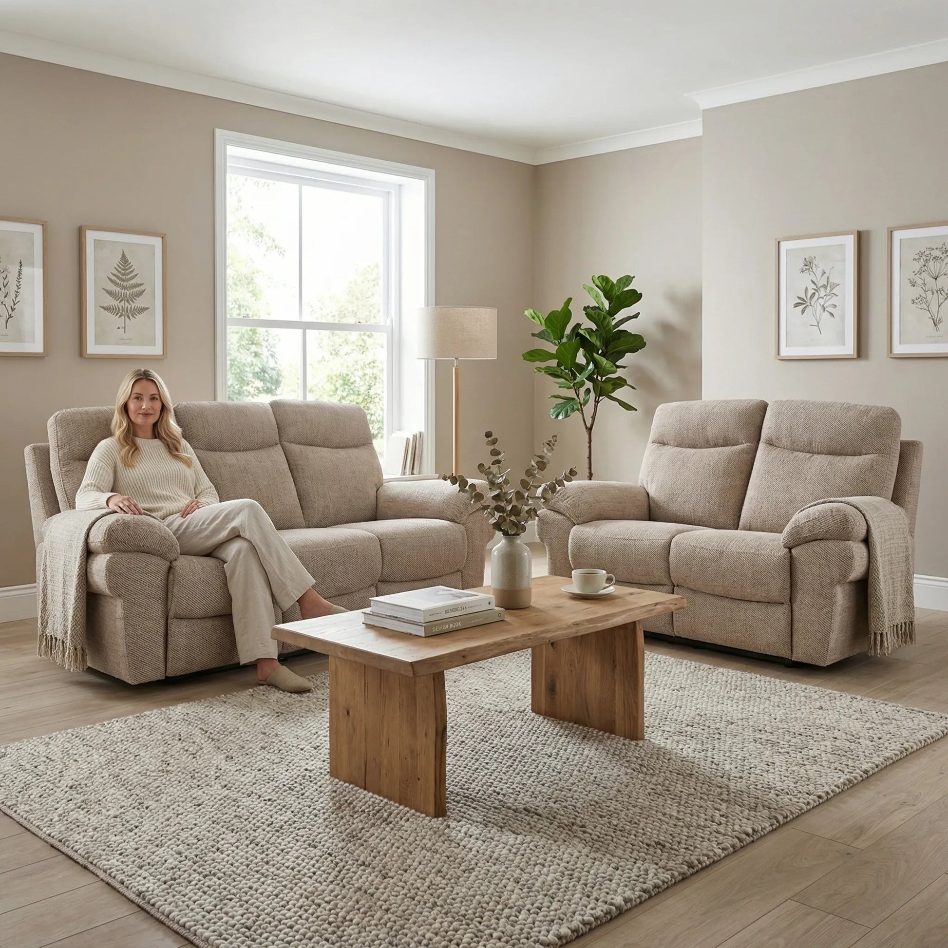 Tanya Beige Fabric Electric Recliner 3+2 Seater Sofa Set - Furniture Instore