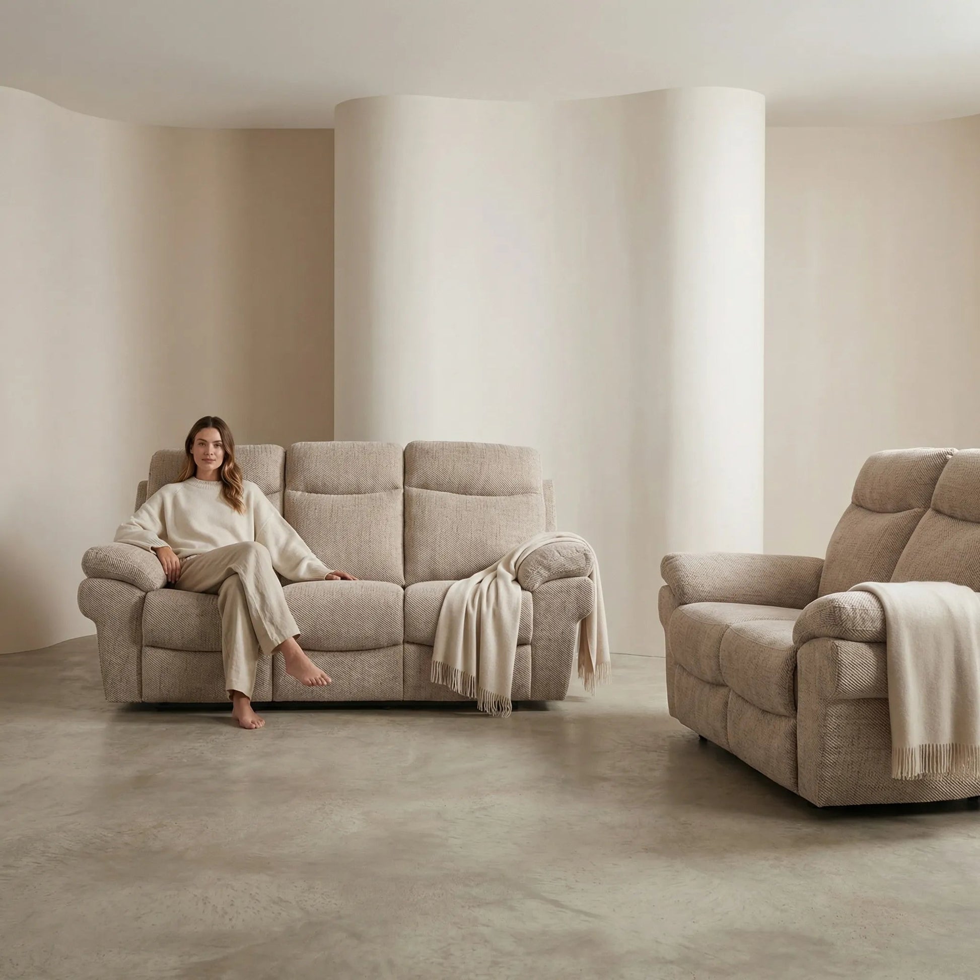 Tanya Beige Fabric Electric Recliner 3+2 Seater Sofa Set - Furniture Instore