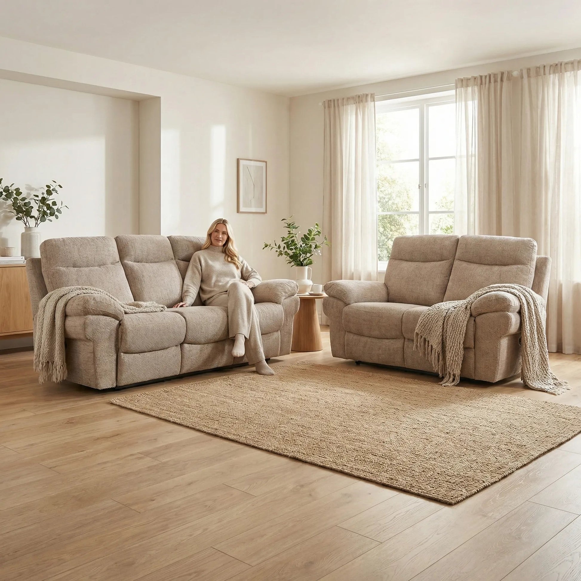 Tanya Beige Fabric Electric Recliner 3+2 Seater Sofa Set - Furniture Instore