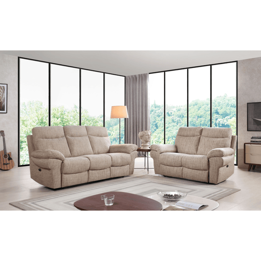 Beige reclining sofa set in a modern living room with large windows.