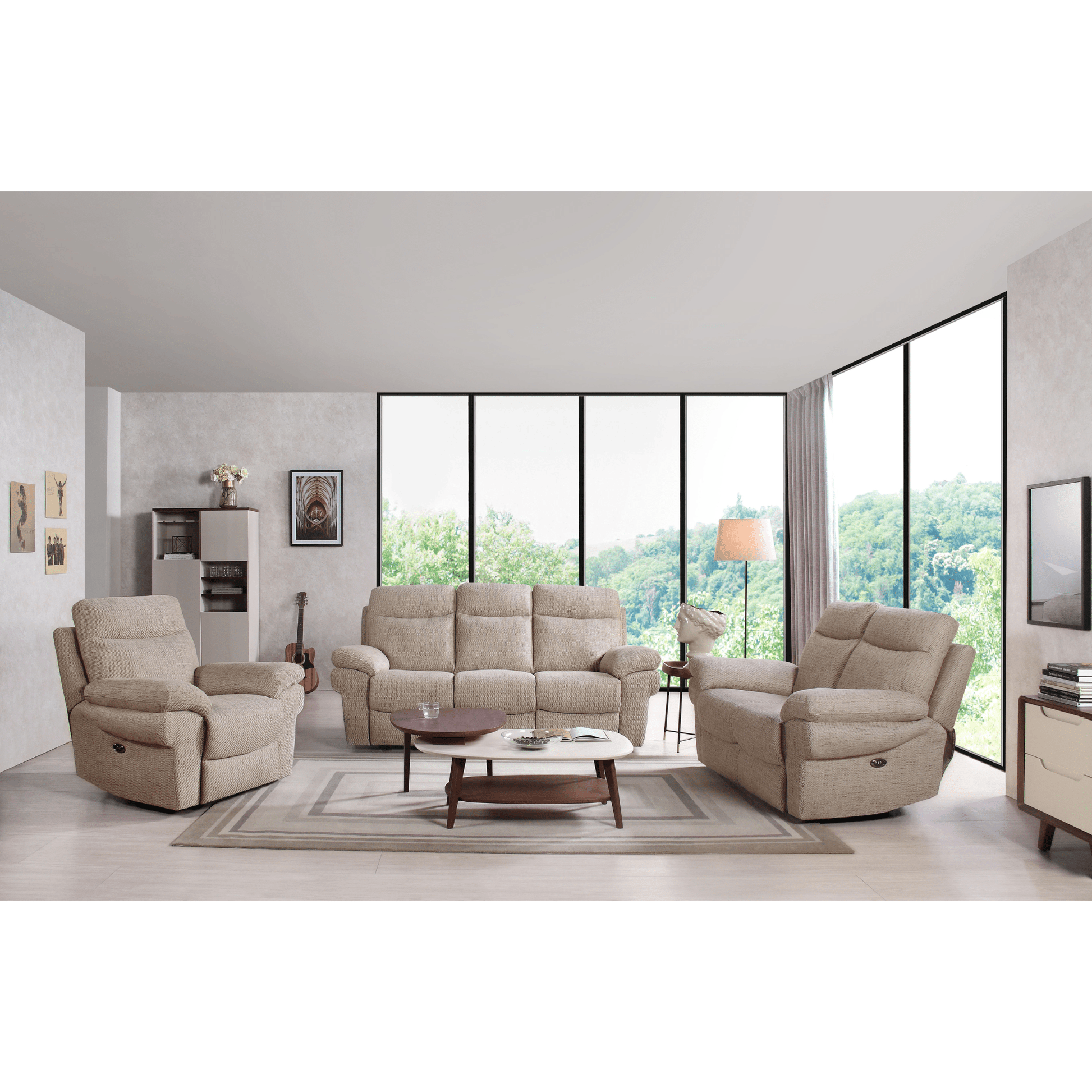 Beige sofa set in a modern living room with large windows.