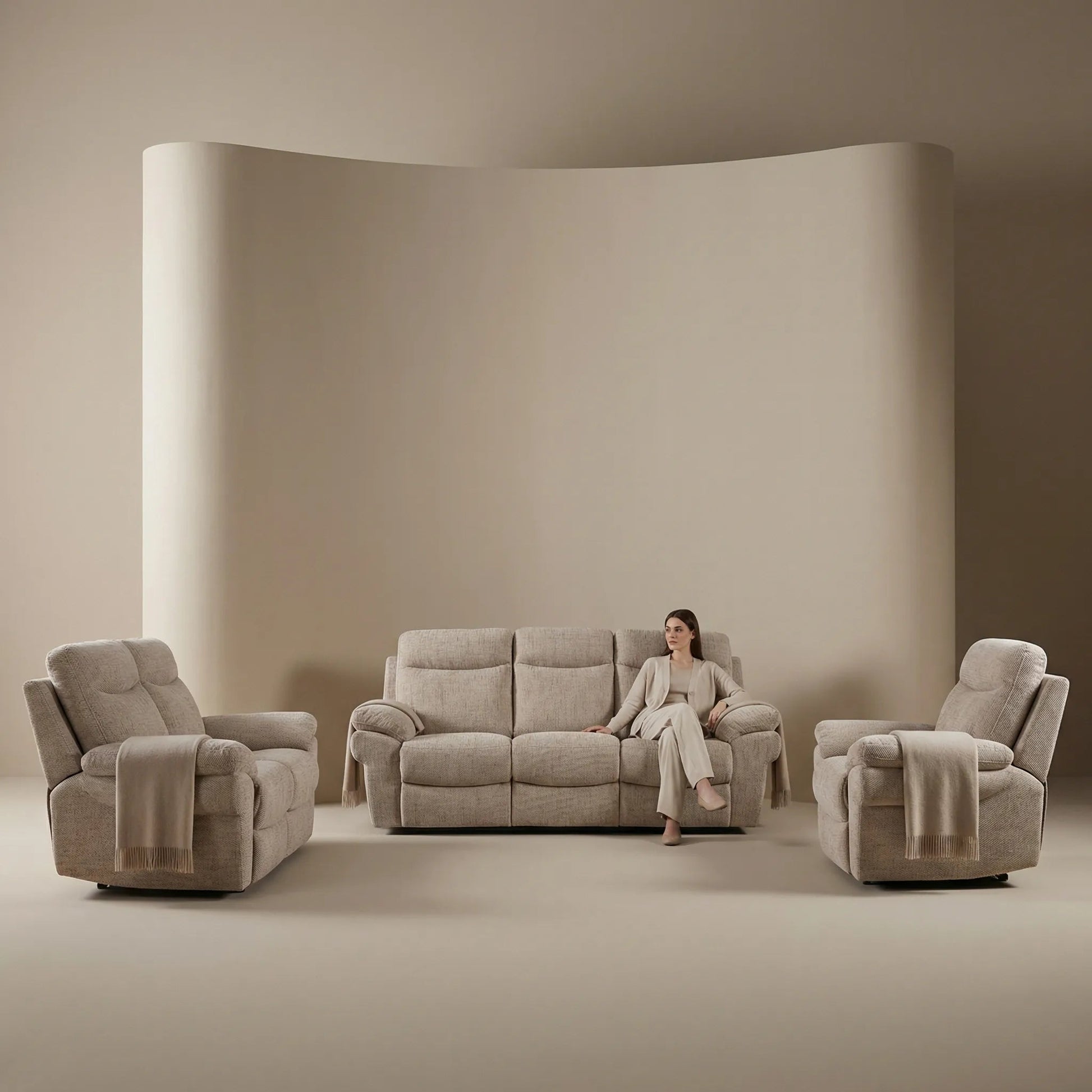 Tanya Beige Fabric Electric Recliner 3+2+1 Seater Sofa Set - Furniture Instore