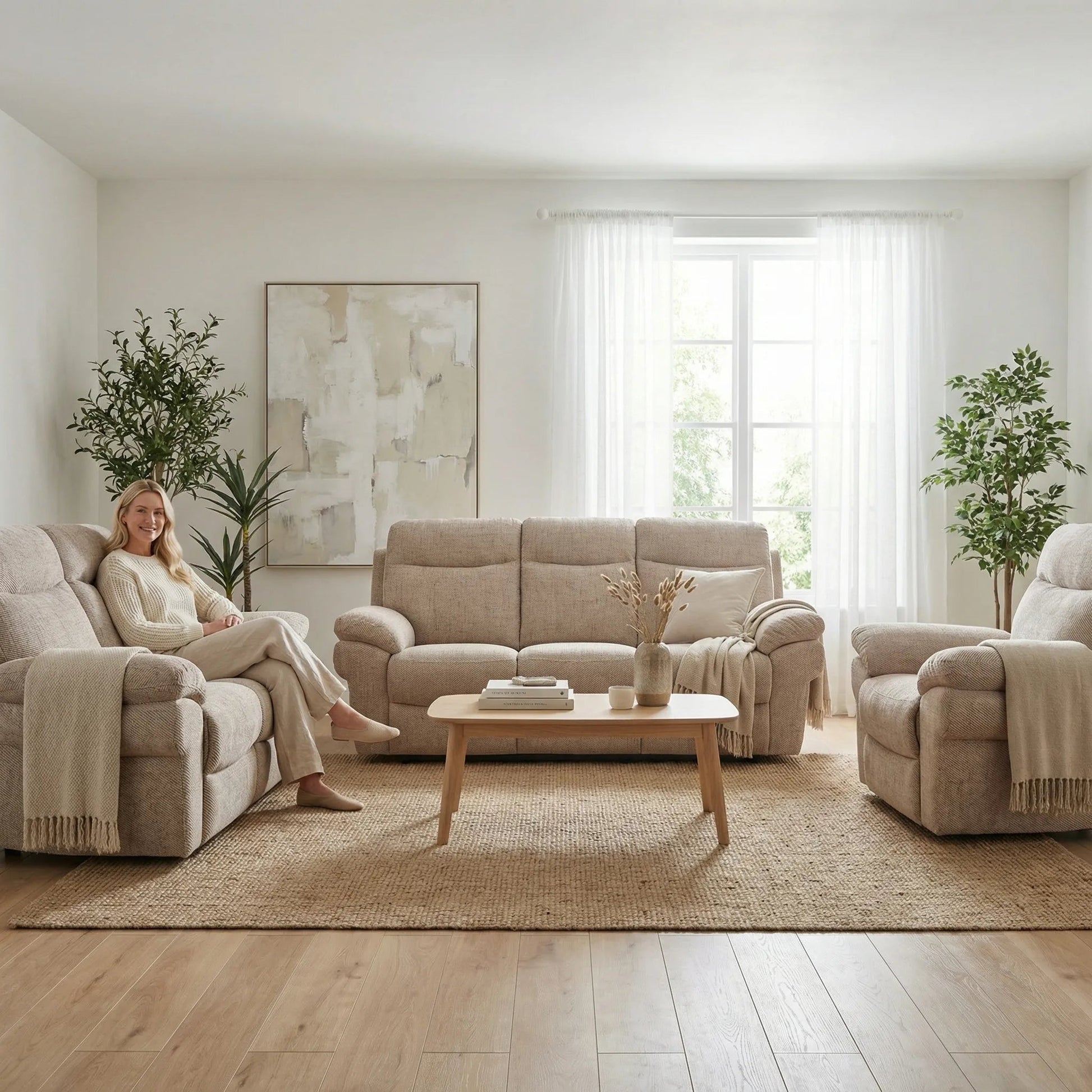 Tanya Beige Fabric Electric Recliner 3+2+1 Seater Sofa Set - Furniture Instore