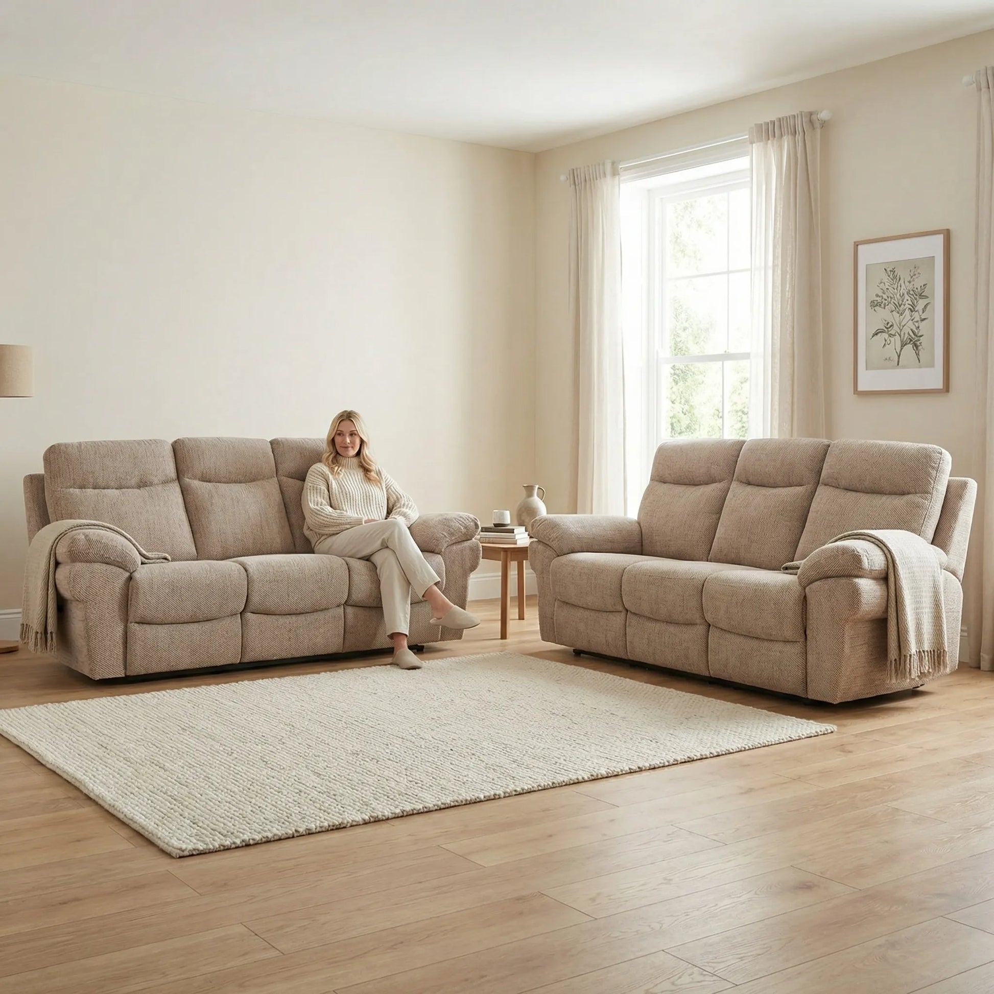 Tanya Beige Fabric Electric Recliner 3+3 Seater Sofa Set - Furniture Instore