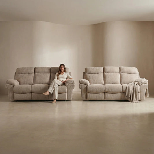 Tanya Beige Fabric Electric Recliner 3+3 Seater Sofa Set - Furniture Instore