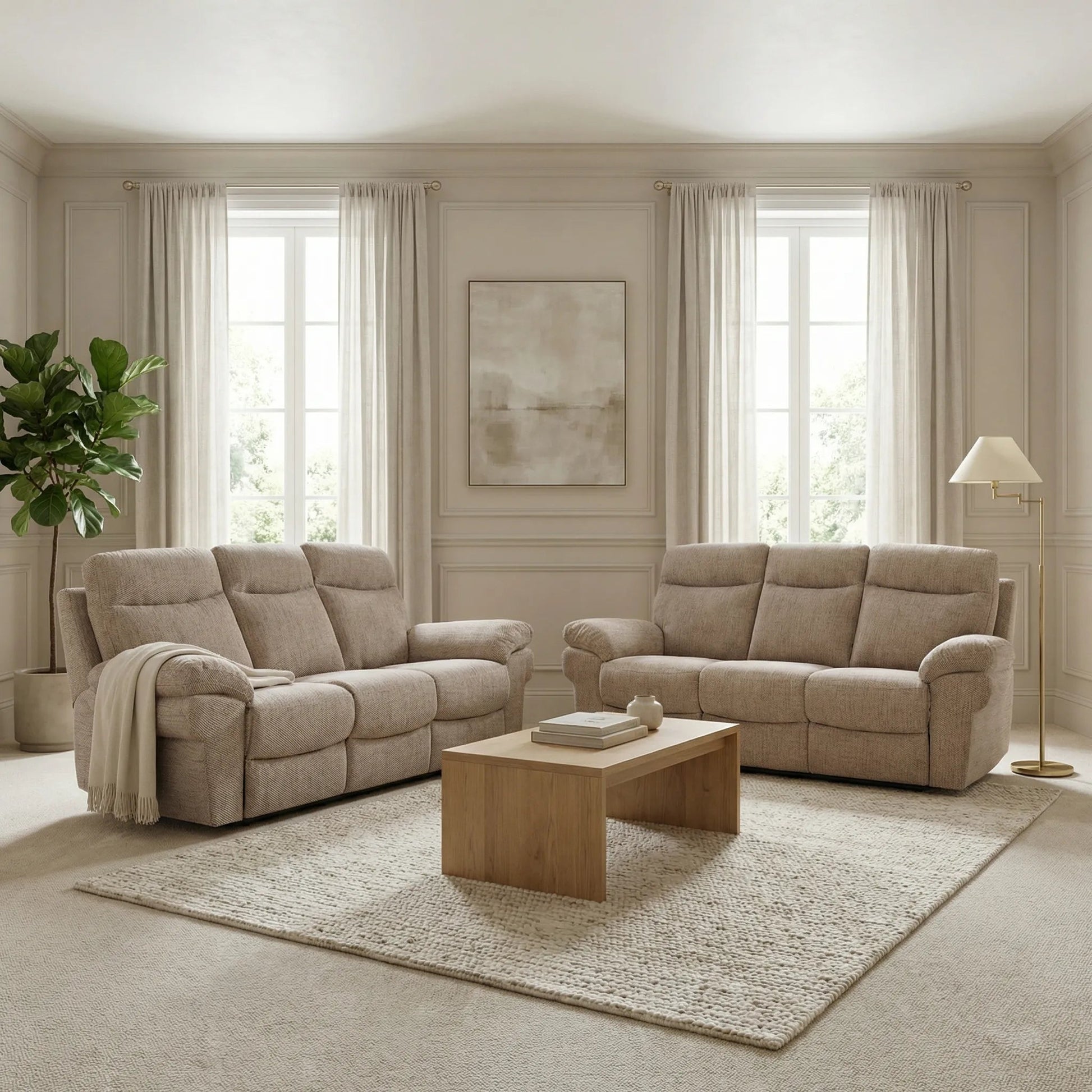 Tanya Beige Fabric Electric Recliner 3+3 Seater Sofa Set - Furniture Instore