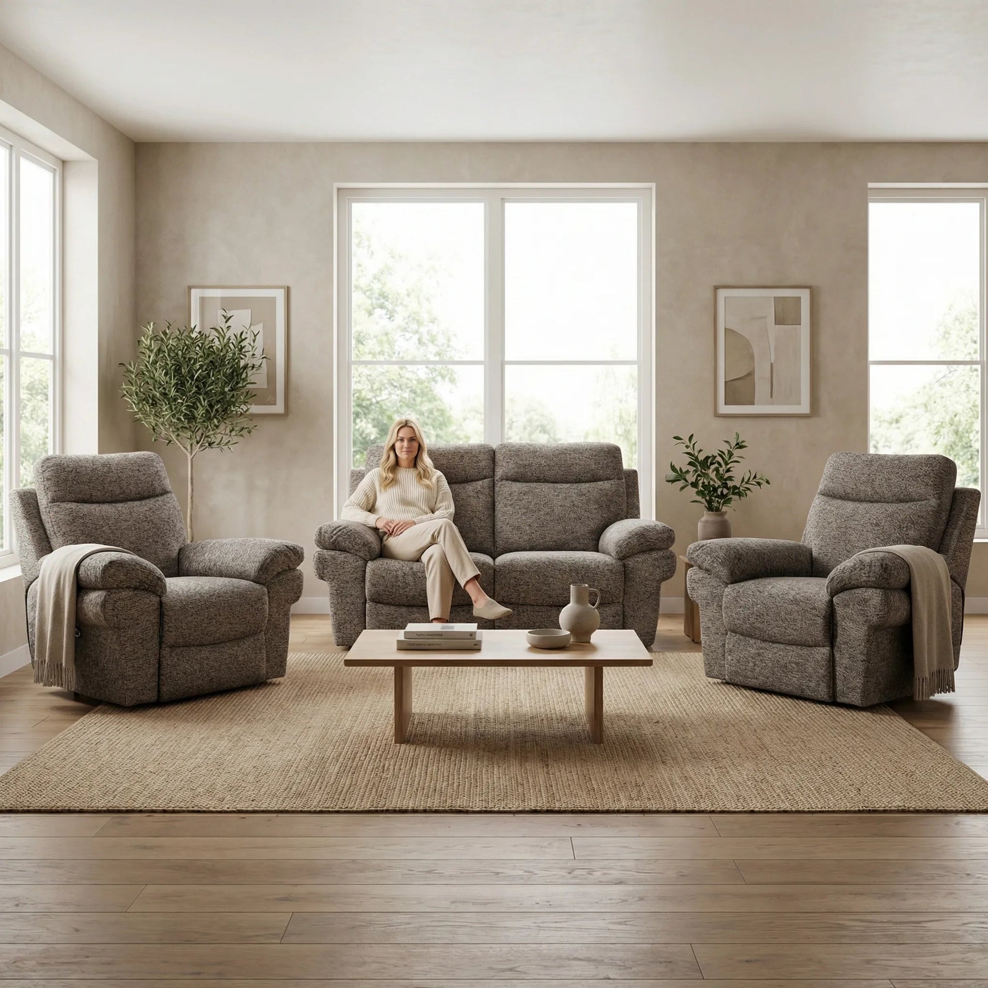 Tanya Brown Fabric Electric Recliner 2+1+1 Seater Sofa Set - Furniture Instore