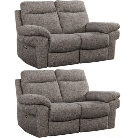 Two gray reclining sofas on a white background