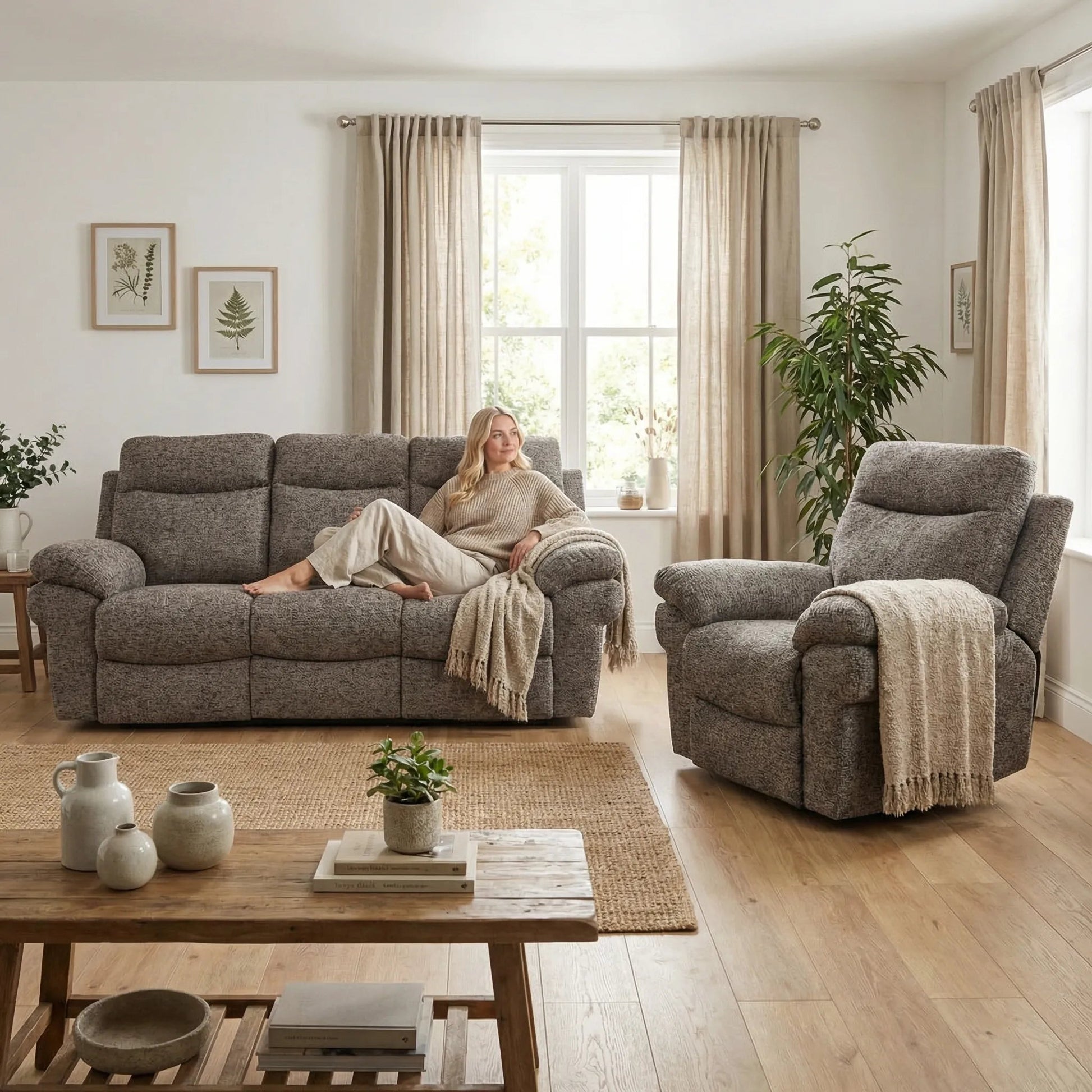 Tanya Brown Fabric Electric Recliner 3+1 Seater Sofa Set - Furniture Instore