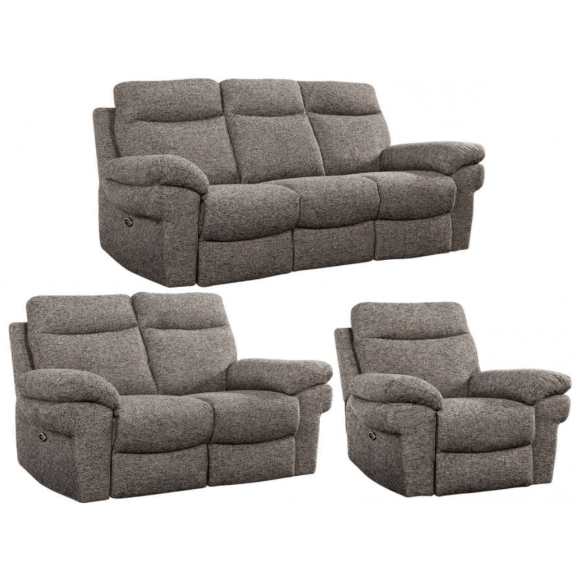 Gray reclining sofa set with two armchairs on a white background
