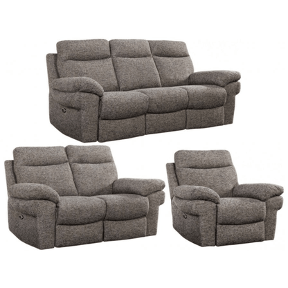 Gray reclining sofa set with two armchairs on a white background