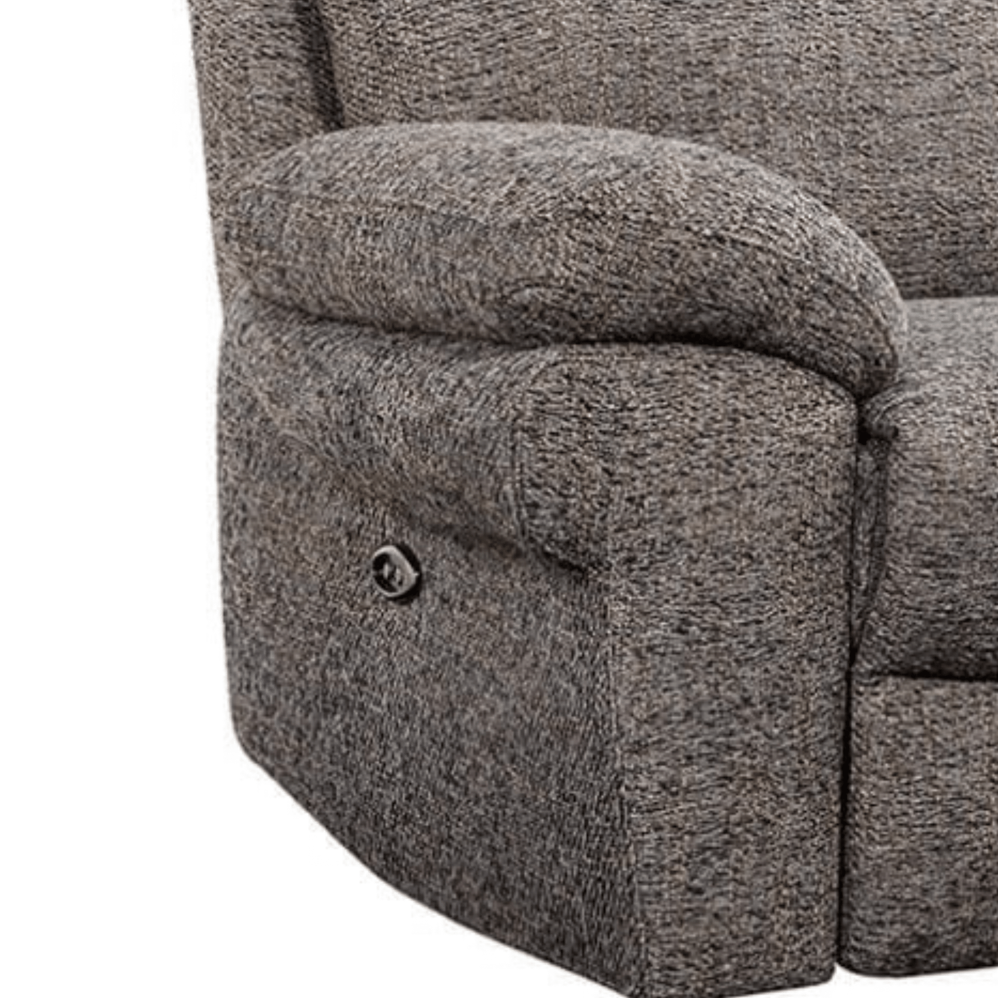 Gray upholstered recliner chair with button details on a white background