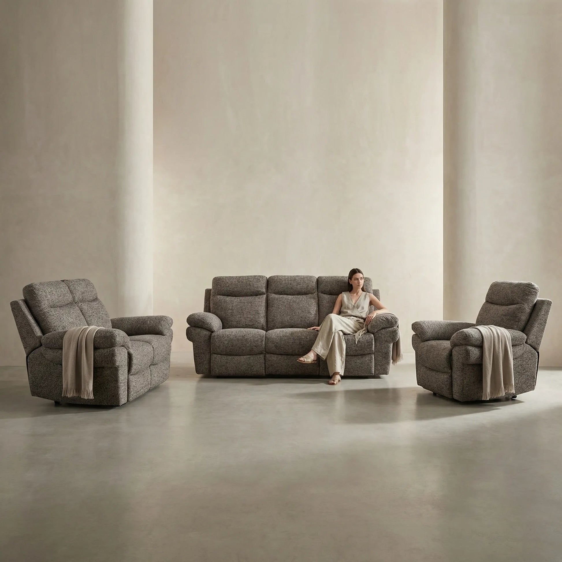 Tanya Brown Fabric Electric Recliner 3+2+1 Seater Sofa Set - Furniture Instore