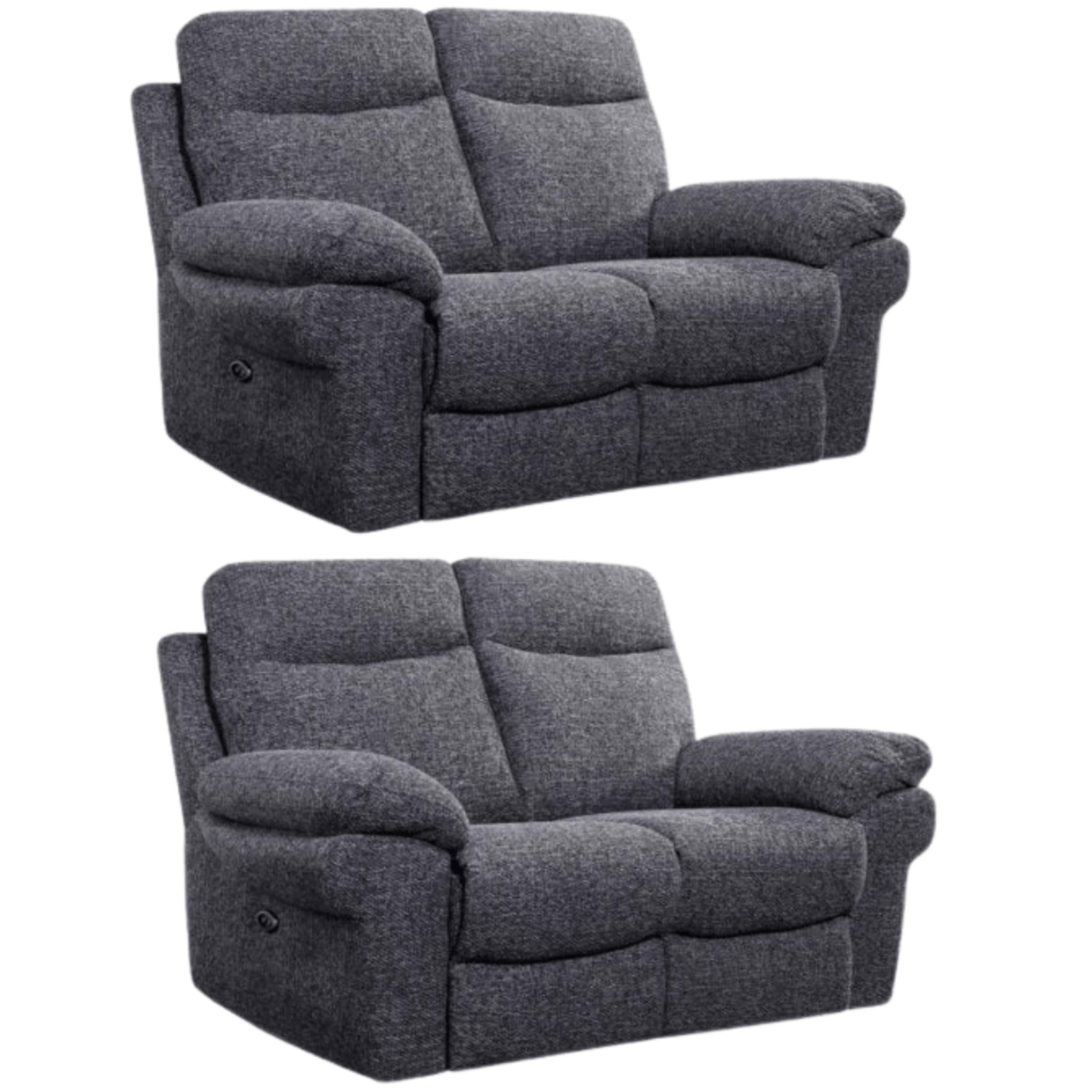 Two gray recliner sofas on a white background
