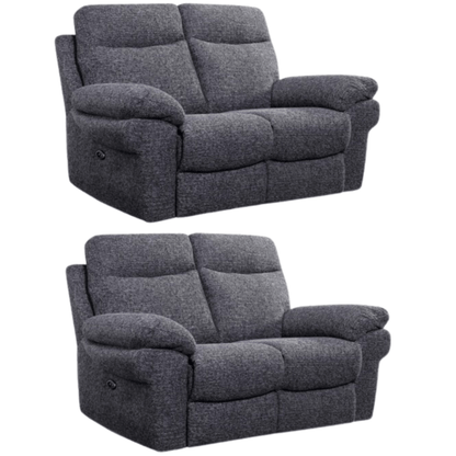 Two gray recliner sofas on a white background