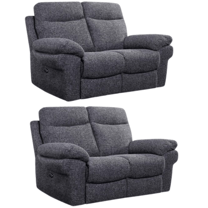 Two gray recliner sofas on a white background