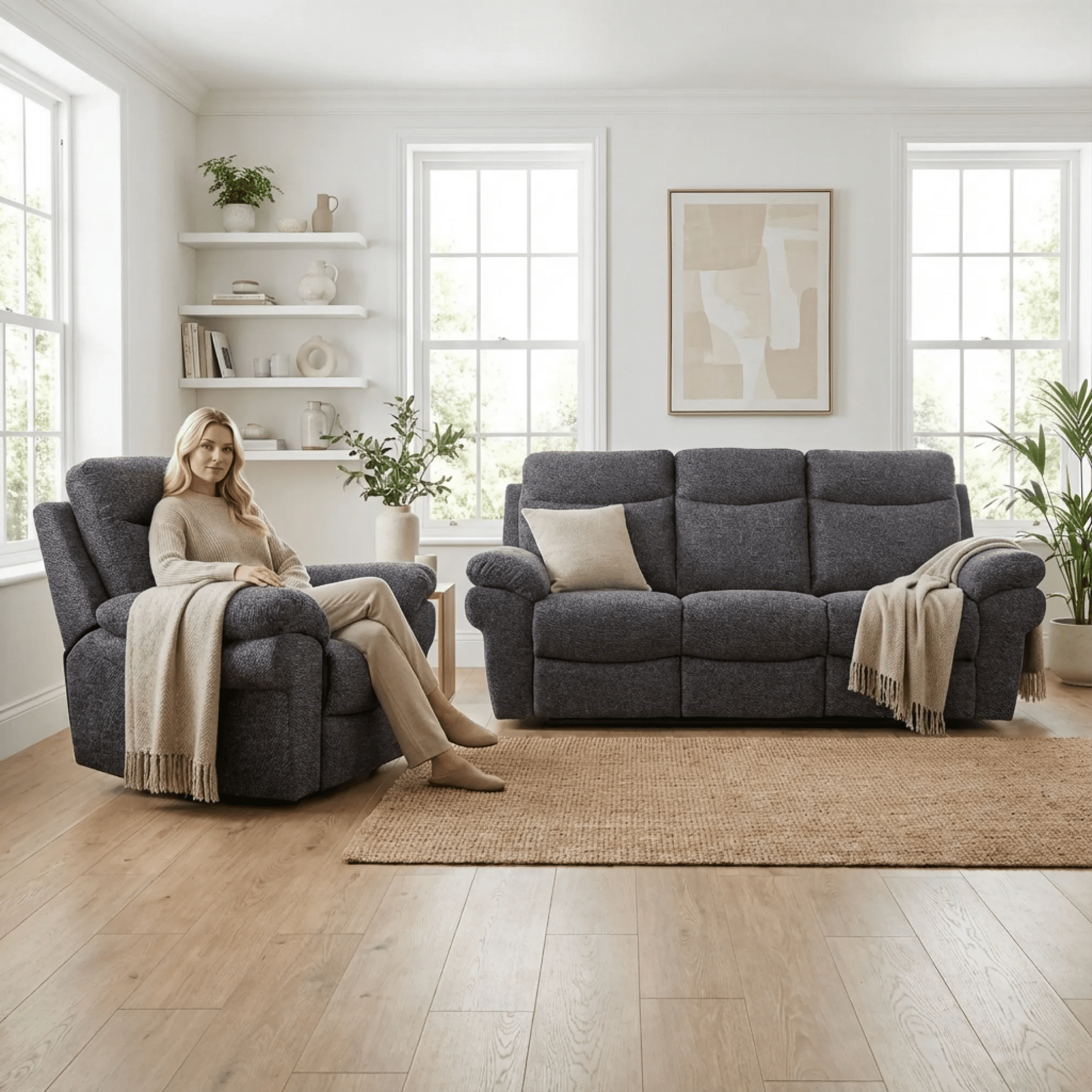 Tanya Grey Fabric Electric Recliner 3+1 Seater Sofa Set - Furniture Instore
