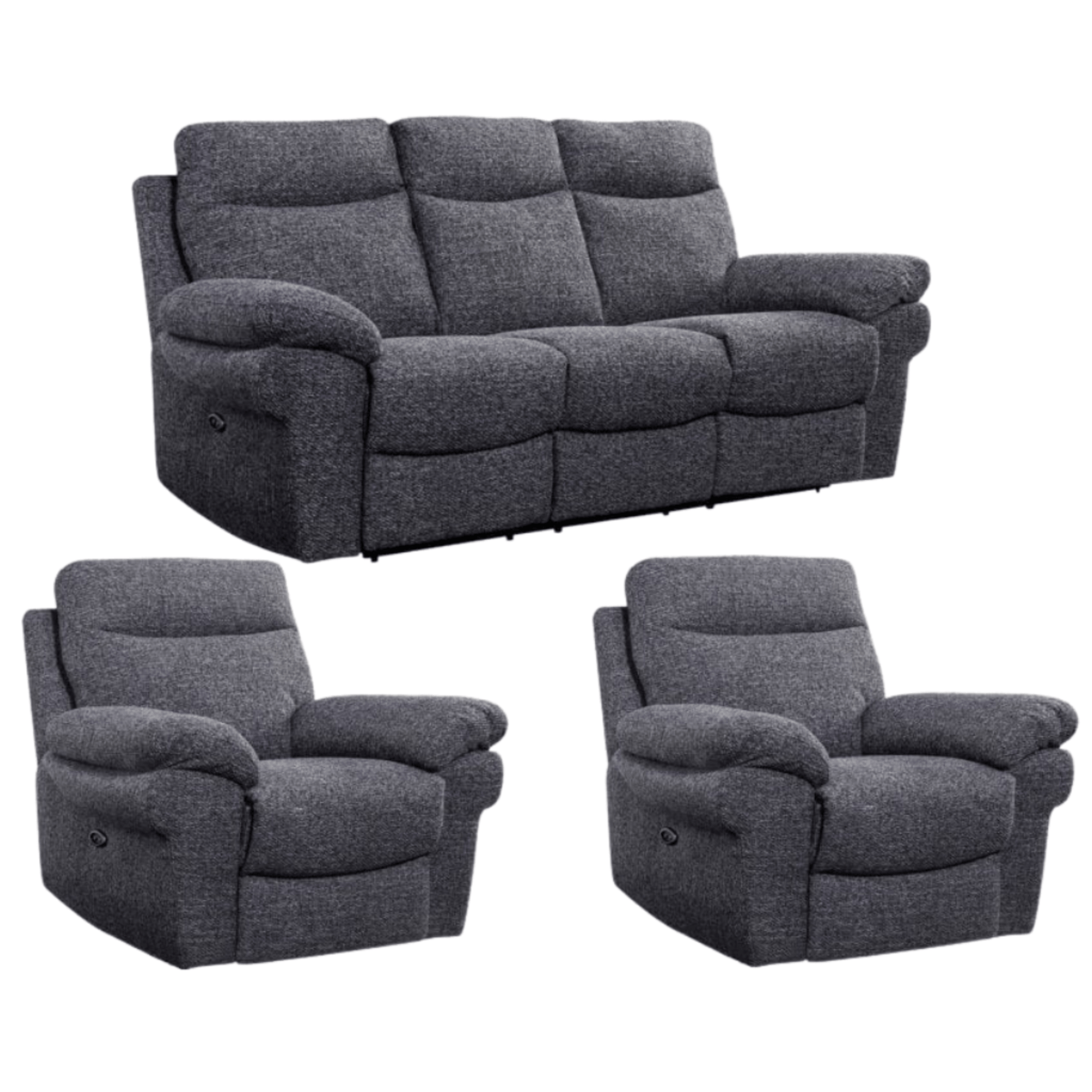 Gray reclining sofa set with two armchairs on a white background