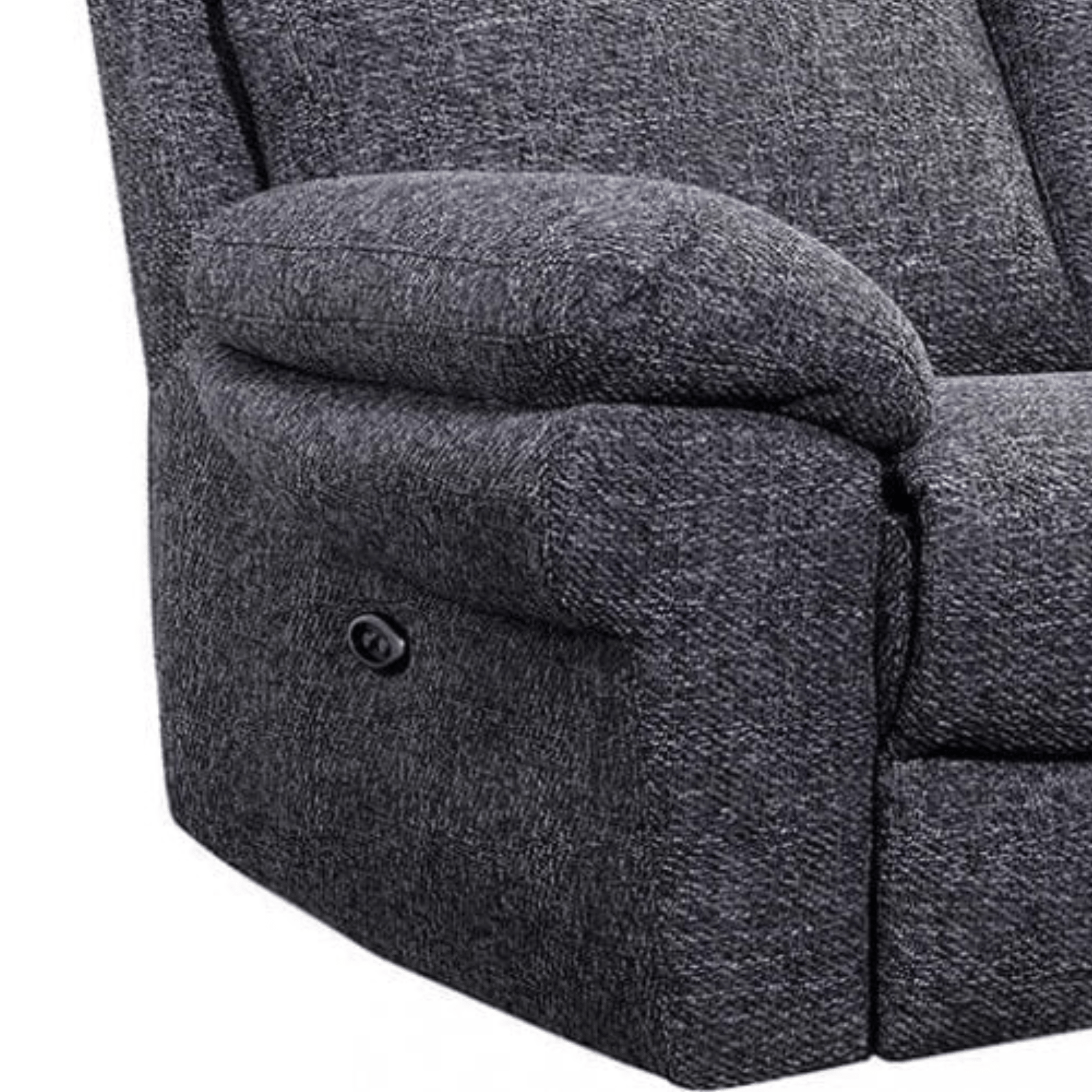 Gray recliner chair with button details on a white background