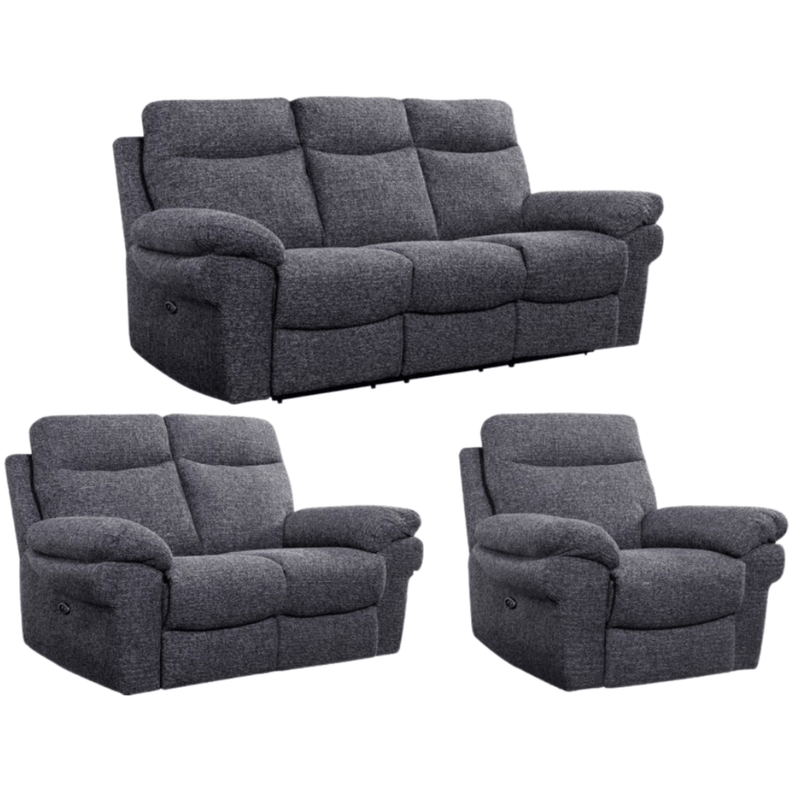 Gray fabric sofa set with two recliners on a white background