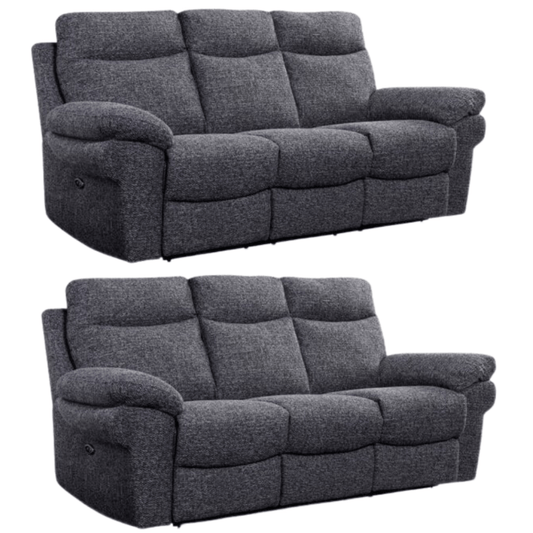Two gray reclining sofas on a white background