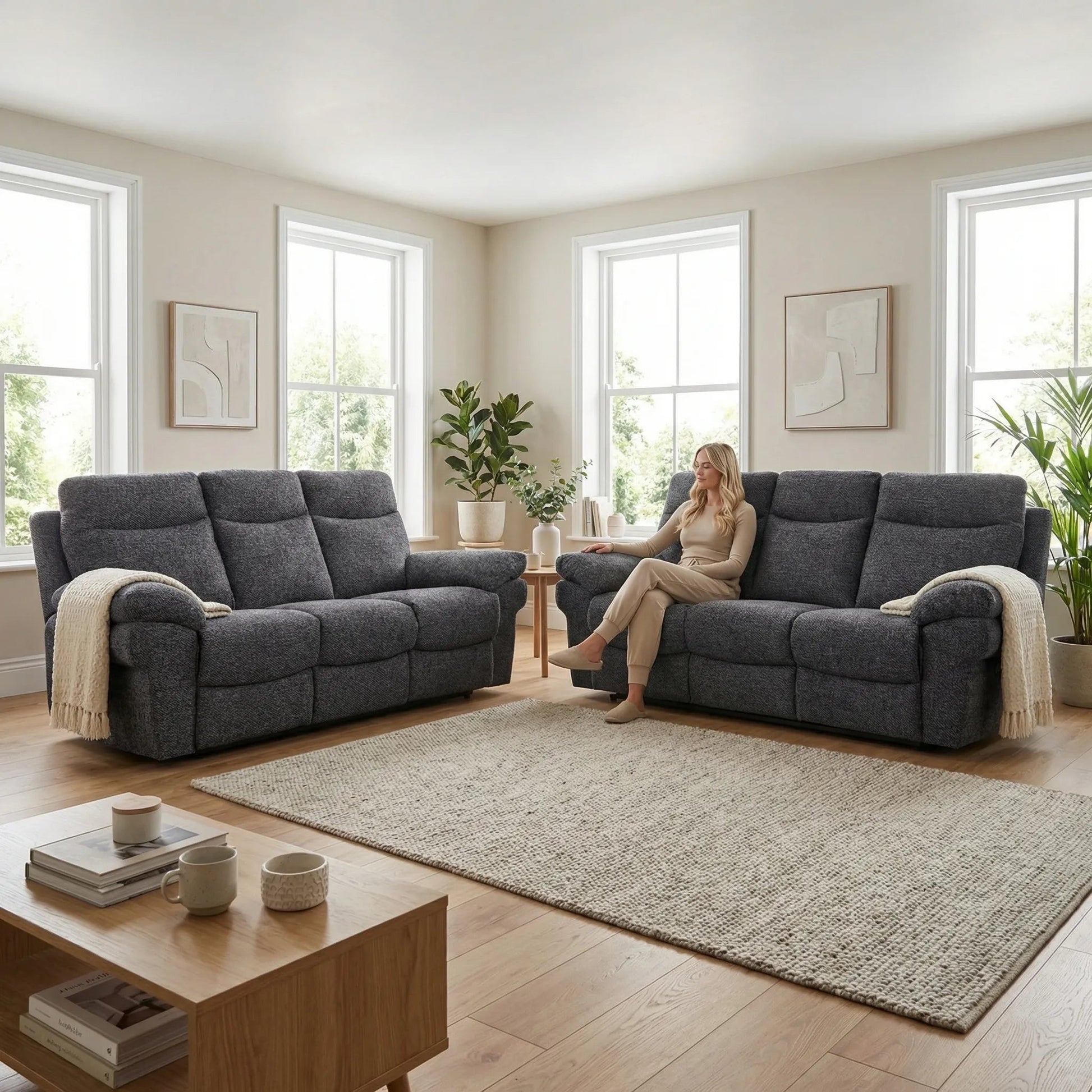 Tanya Grey Fabric Electric Recliner 3+3 Seater Sofa Set - Furniture Instore