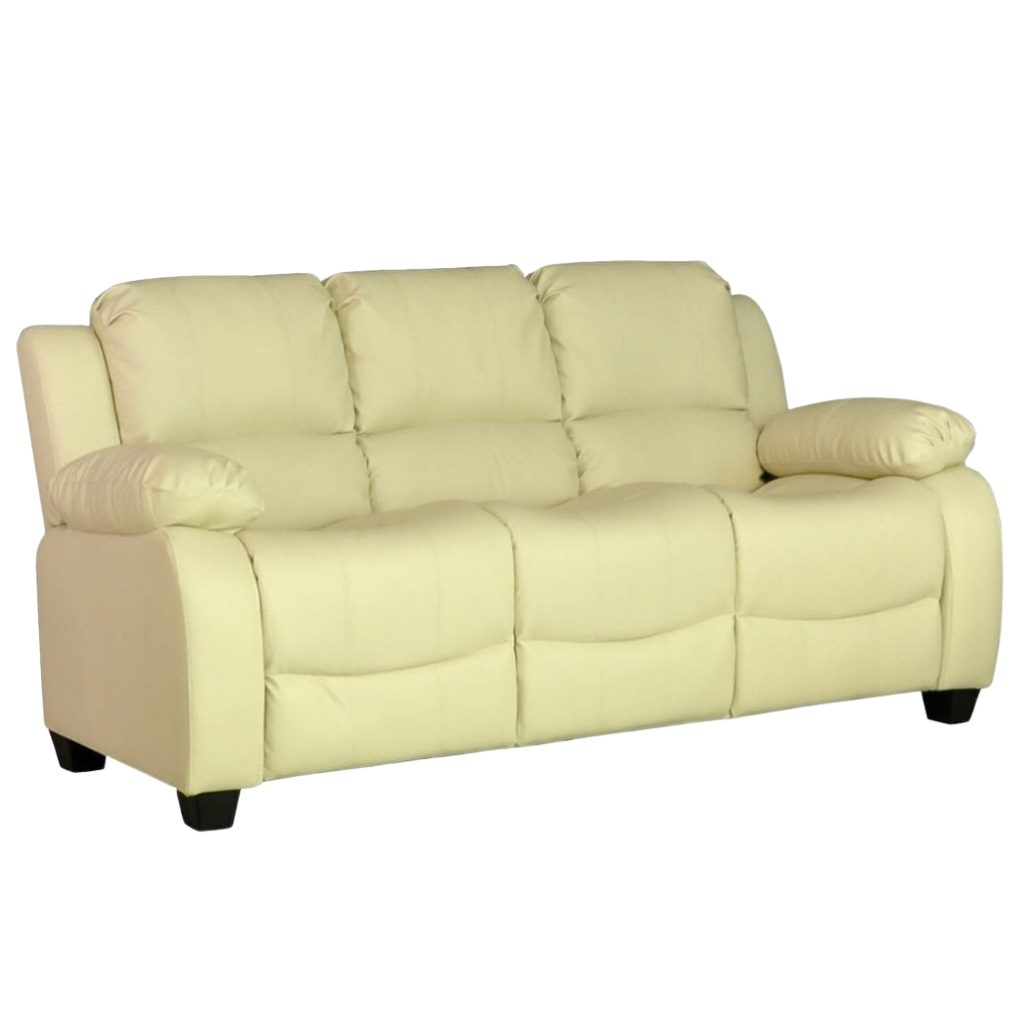 Modern 3 seater cream leather sofa – contemporary three-seater couch on white background