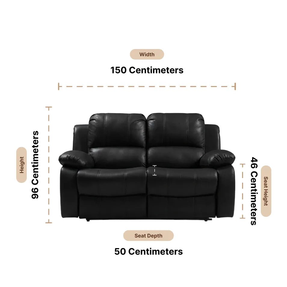 Valencia Black Leather 2 Seater Manual Recliner Sofa — Dimension diagram