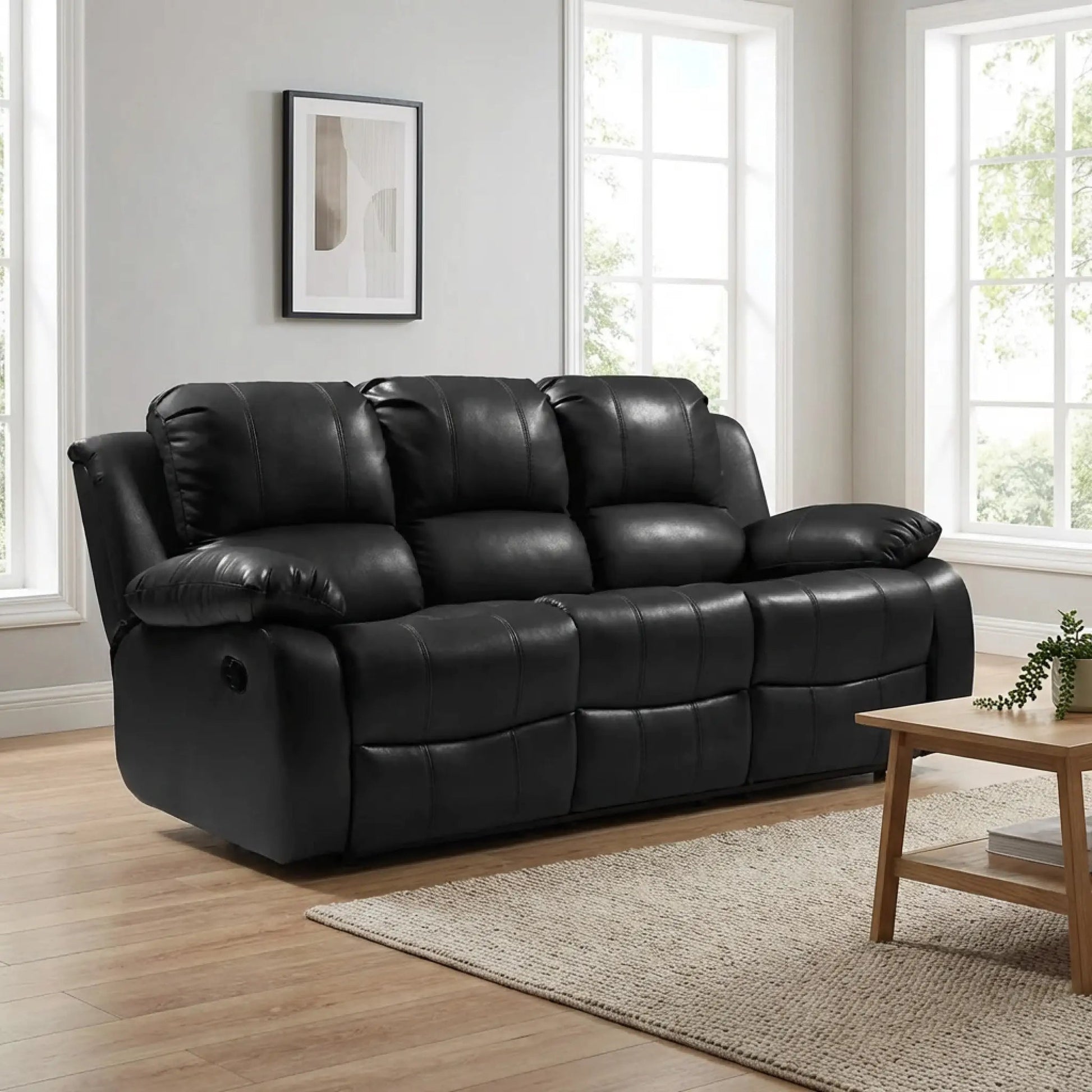 Valencia Black Leather 3 Seater Manual Recliner Sofa