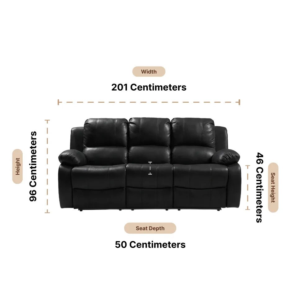 Valencia Black Leather 3 Seater Manual Recliner Sofa — Dimension diagram