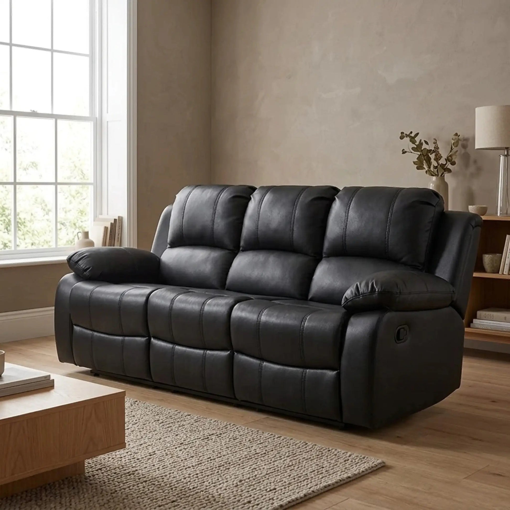 Valencia Black Leather 3 Seater Manual Sofa