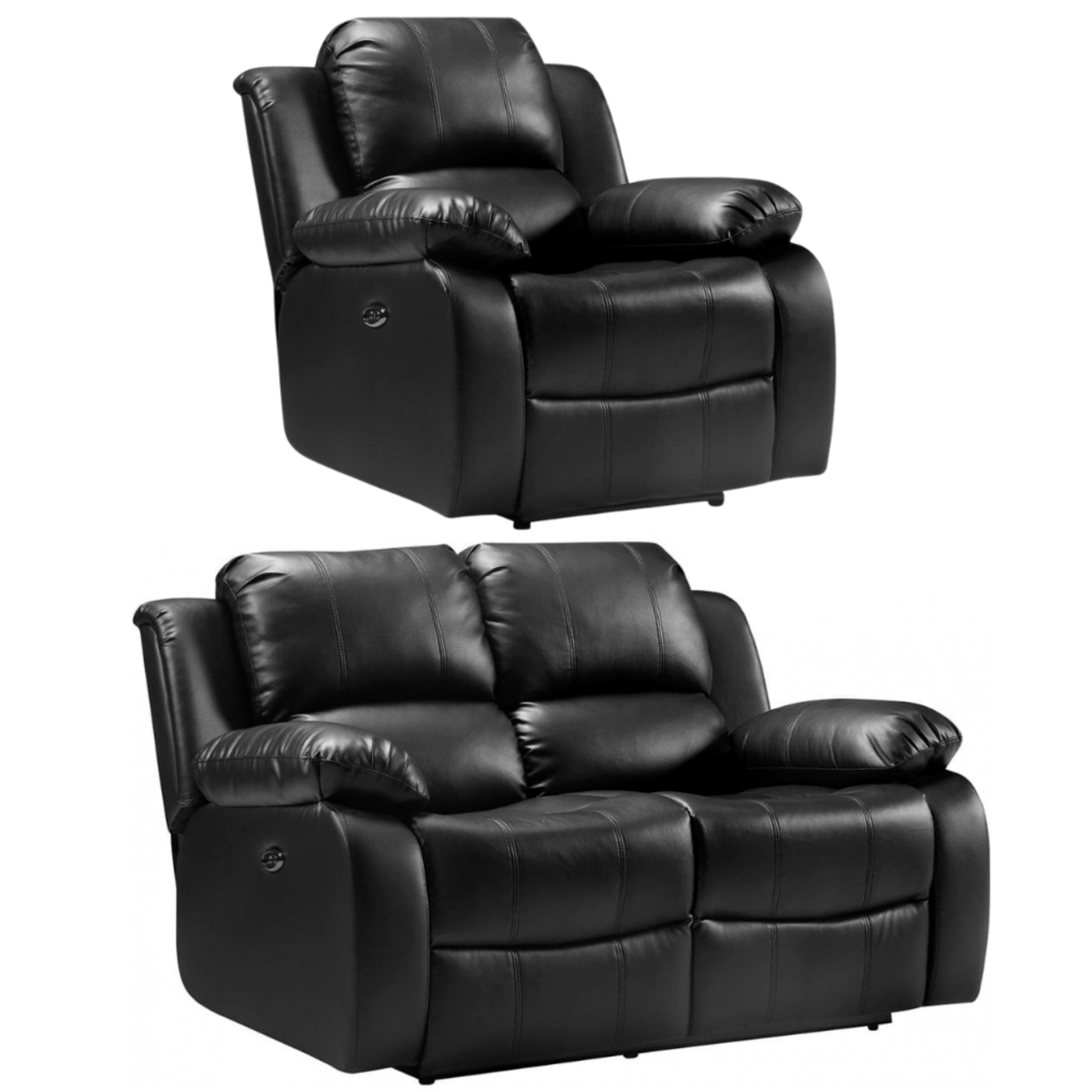 Black leather recliner chair and loveseat set on a white background