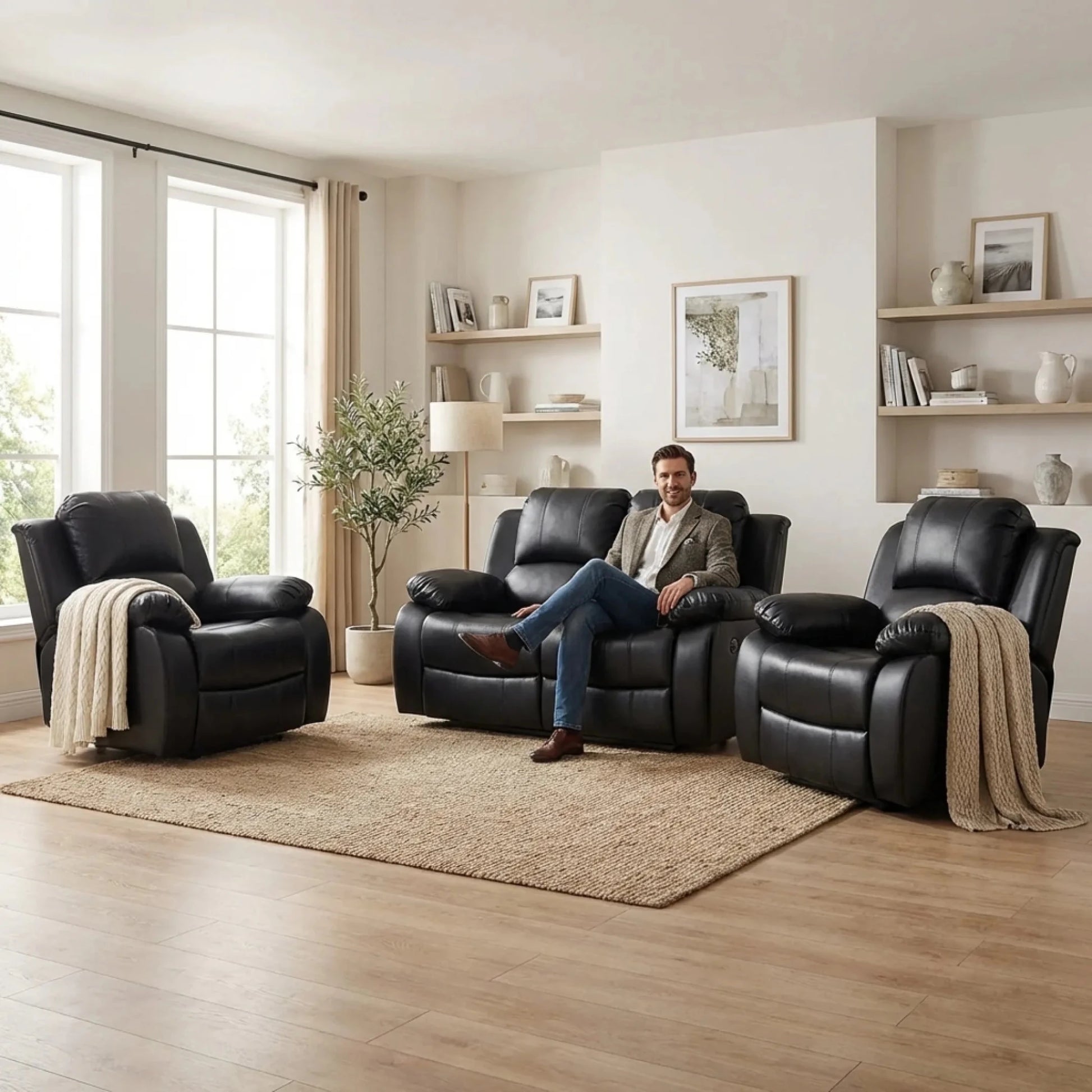 Valencia Black Leather Electric Recliner 2+1+1 Seater Sofa - Furniture Instore