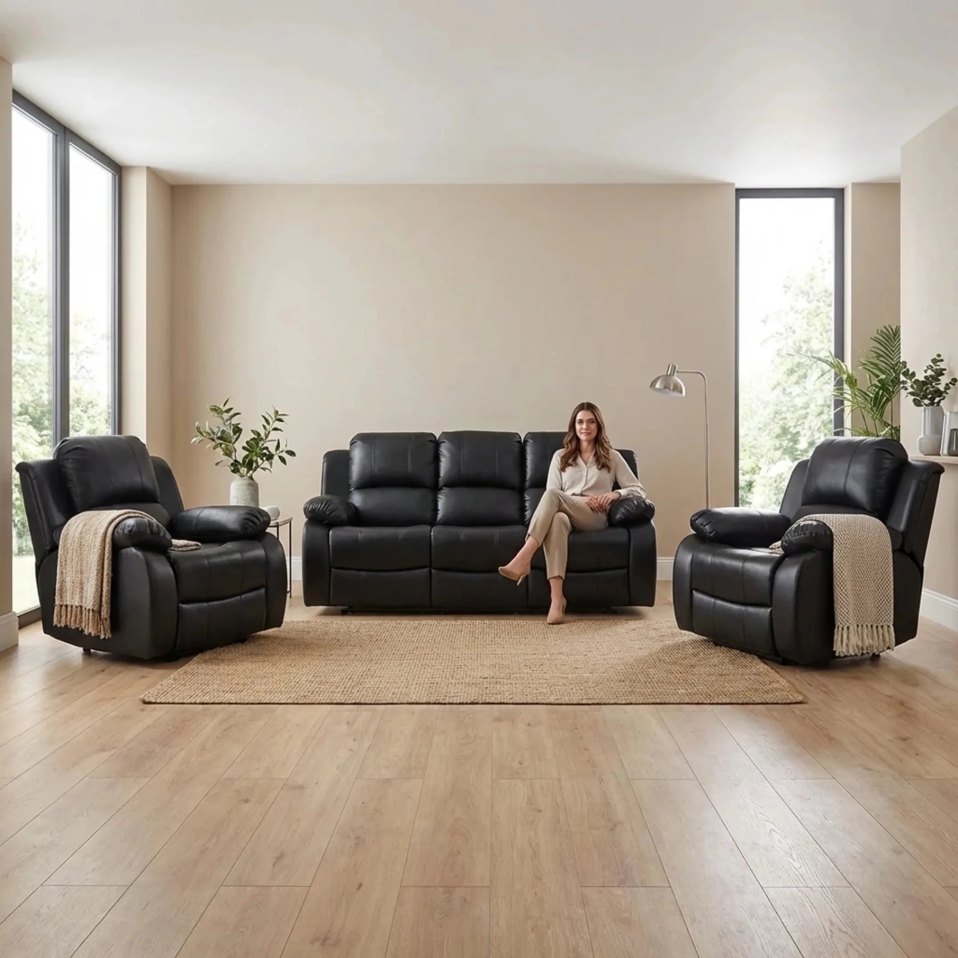 Valencia Black Leather Electric Recliner 3+1+1 Seater Sofa - Furniture Instore