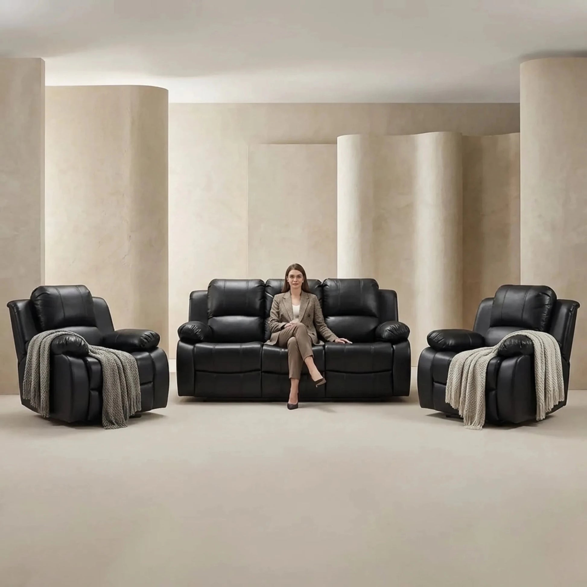 Valencia Black Leather Electric Recliner 3+1+1 Seater Sofa - Furniture Instore