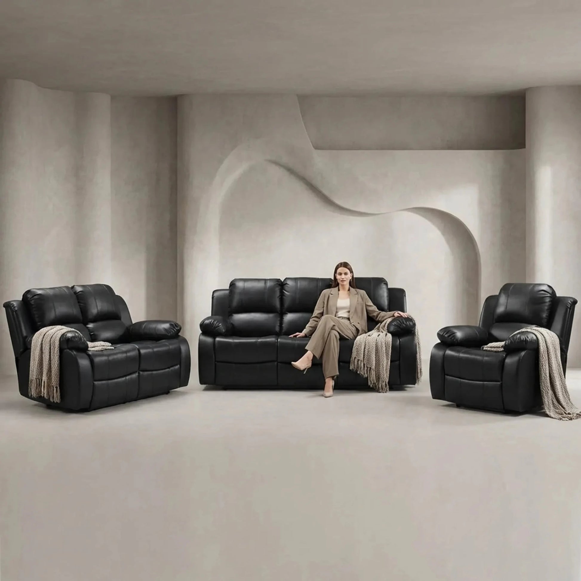 Valencia Black Leather Electric Recliner 3+2+1 Seater Sofa - Furniture Instore