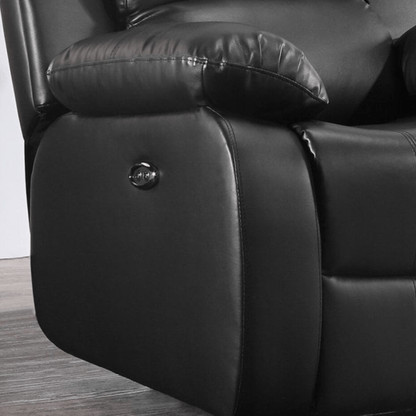Close-up of a black leather recliner chair with a control panel.