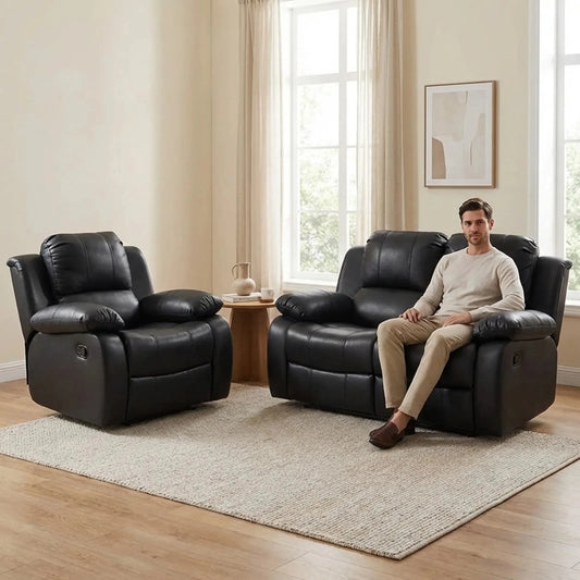 Valencia Black Leather Manual Recliner 2+1 Seater Sofa Set - view 3 - Furniture Instore