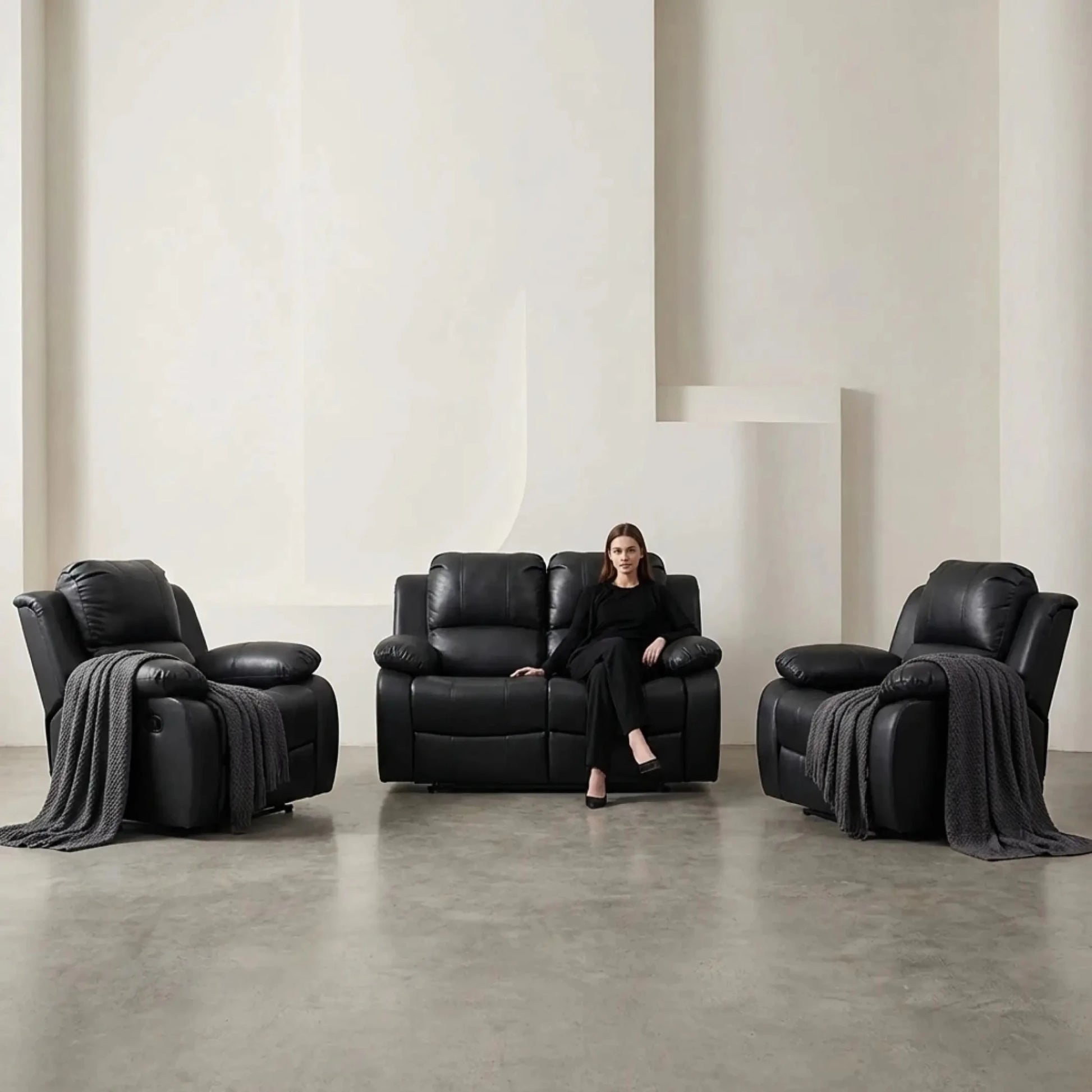 Black Leather Manual Recliner 2+1+1 Sofa Set
