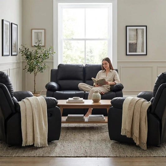 Valencia Black Leather Manual Recliner 2+1+1 Sofa Set - view 3 - Furniture Instore