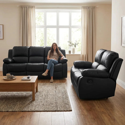 Valencia Black Leather Manual Recliner 3+2 Seater Sofa Set - view 3 - Furniture Instore
