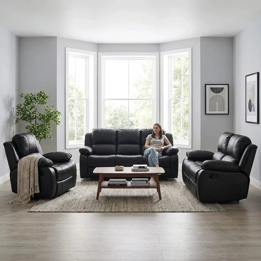 Valencia Black Leather Manual Recliner 3+2+1 Seater Sofa Set - view 3 - Furniture Instore