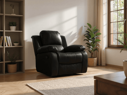 Premium black leather reclining armchair with ergonomic design and soft-touch upholstery in a contemporary living room