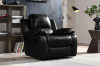 Premium black leather reclining armchair with ergonomic design and soft-touch upholstery in a contemporary living room