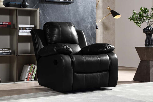 Premium black leather reclining armchair with ergonomic design and soft-touch upholstery in a contemporary living room