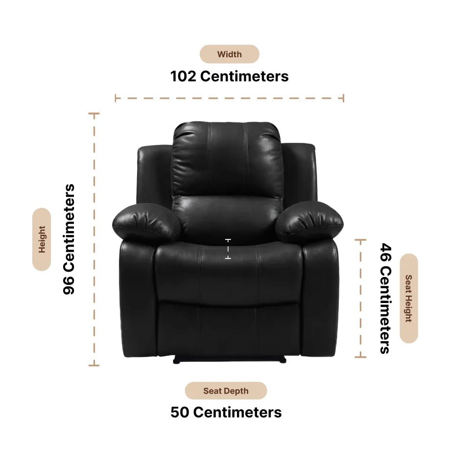Valencia Black Leather Recliner Chair – Manual Control — Dimension diagram