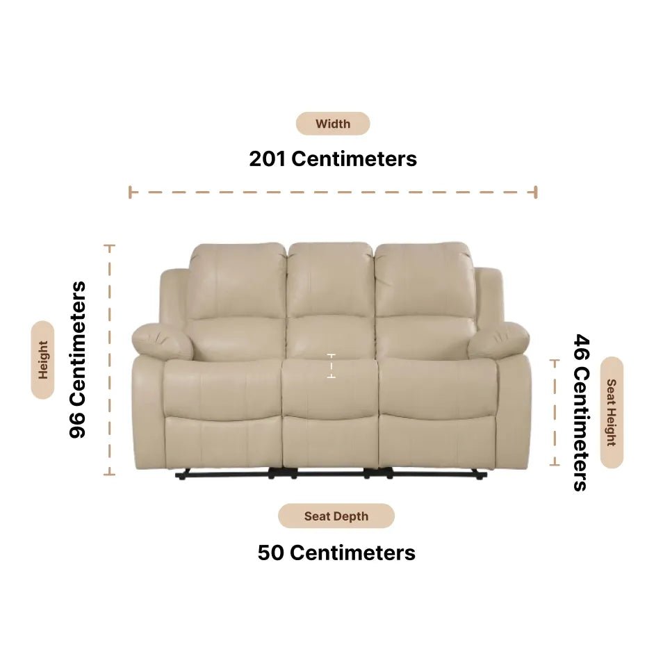 Valencia Cream Leather 3 Seater Manual Recliner Sofa — Dimension diagram